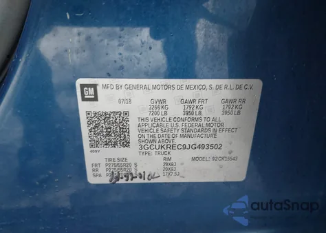 2018 Chevrolet Silverado 1500 2Lt из США, поврежденный, VIN 3GCUKREC9JG493502